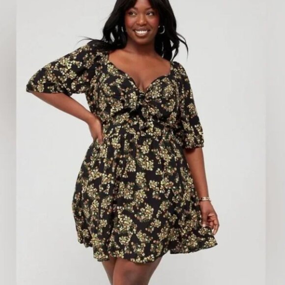 CITY CHIC SORRENTO KNOT FRONT FLORAL PUFF SLEEVE MINI DRESS sz M/18 - Picture 1 of 4